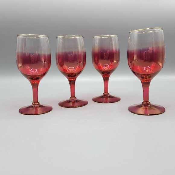 Vintage Set Of 4 MCM Cranberry Ombre Wine Glasses With Gold Rim Accent #2 - Picture 6 of 12
